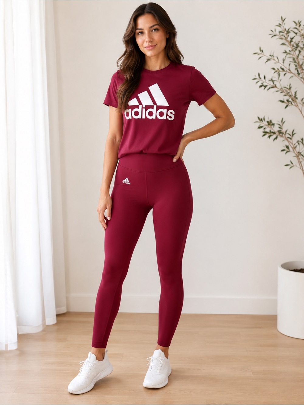 adidas Women's Burgundy High-Waist Leggings with shirt out